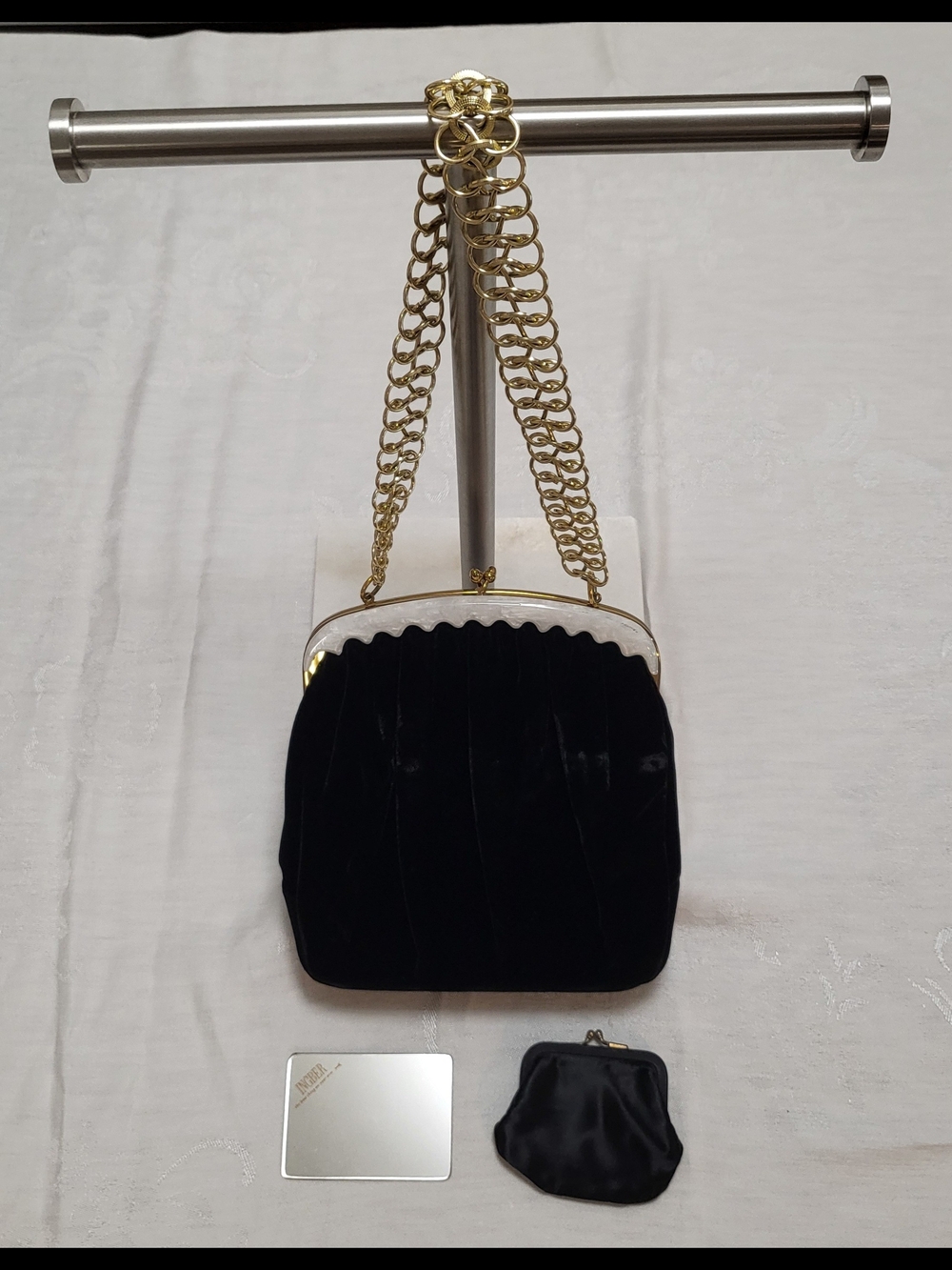 Ingber Vintage Black Velvet Evening Bag with Gold Chain Strap, Original Mirror